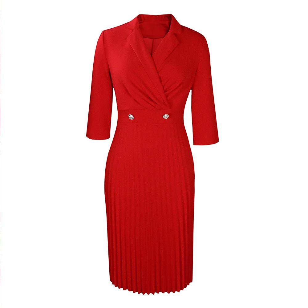 D286 european and american plus size women's clothing  autumn/winter new arrival - blazer collar solid color elegant pleated african-inspired cross-border dress