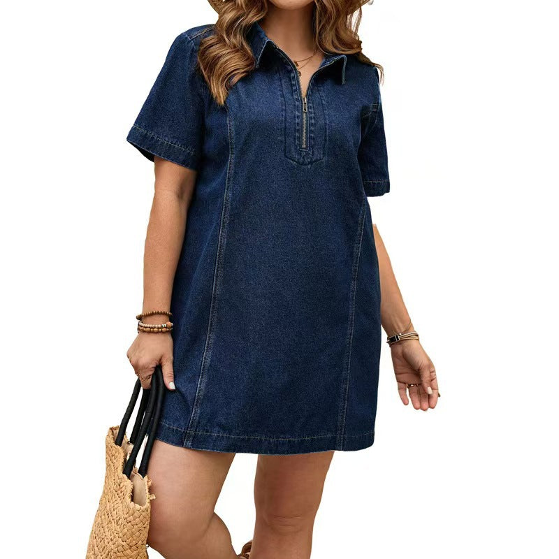 Fashion cross-border  independent station plus size lapel casual mid-length denim skirt short-sleeved loosedress for women