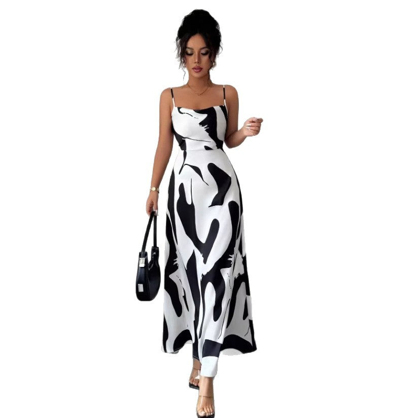 foreign trade  summer new european and american style geometric printing vacation sexy suspender skirt side slit one-step skirt