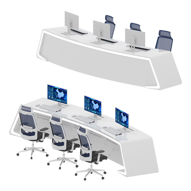 Saint li's futuristic surveillance console, command center curved control desk, central control room monitoring station, and workstation
