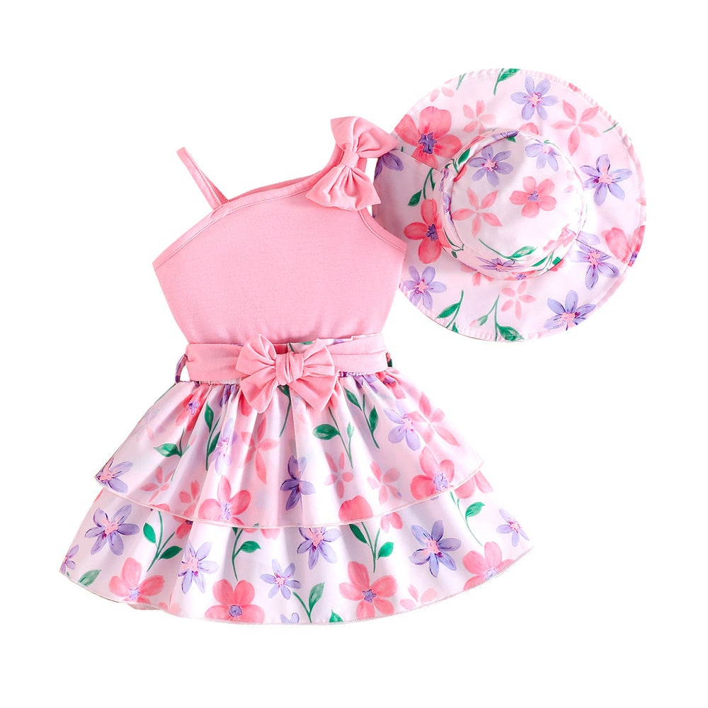 european and american cross-border girls' one-shoulder camisole three-piece set: floral cake dress + matching floral sun hat