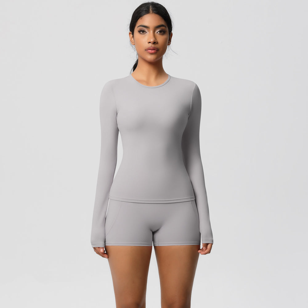 European and american solid color slim-fit long sleeve t-shirt yoga outfit set - high-waisted, barely-there feel, quick-dry activewear two-piece set for running and fitness
