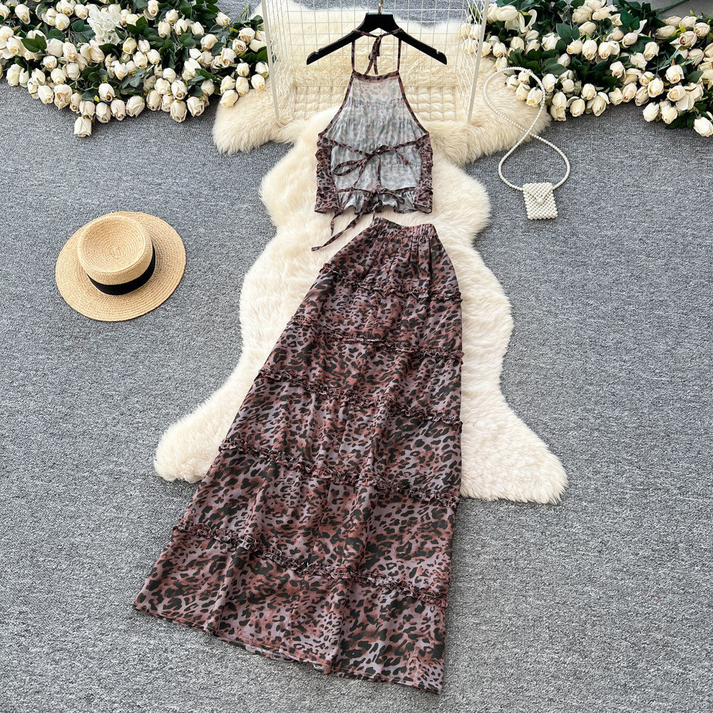 Sense of design leopard print halter suspender two-piece set women's summer sleeveless bowsrufflesbackless vacation suit
