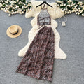 Sense of design leopard print halter suspender two-piece set women's summer sleeveless bowsrufflesbackless vacation suit