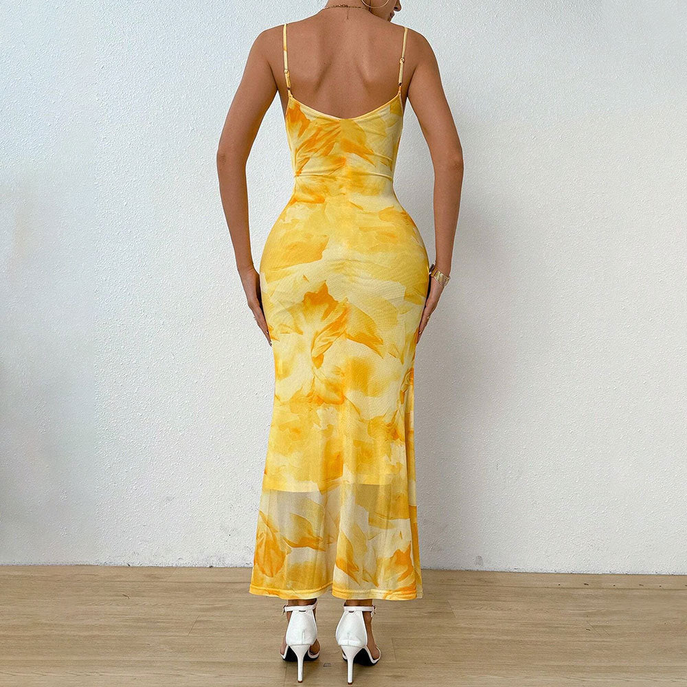 european and american  sexy bodycon camisole bandeau maxi dress - floral grey print high-waisted bodycon dress