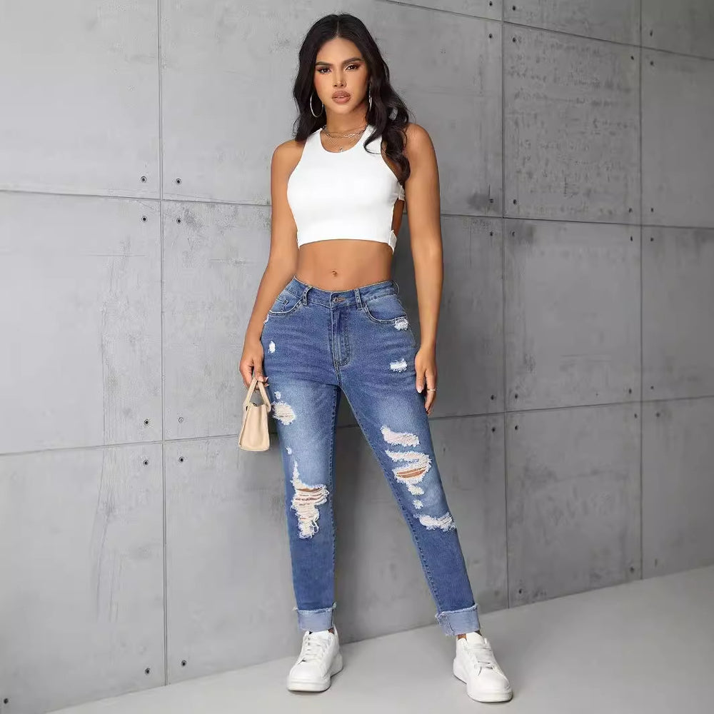 Pre-sale-15501# cross-border women's fashion european and american ins trendyslimming look ripped straight-leg skinny jeanspants