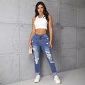 Pre-sale-15501# cross-border women's fashion european and american ins trendyslimming look ripped straight-leg skinny jeanspants