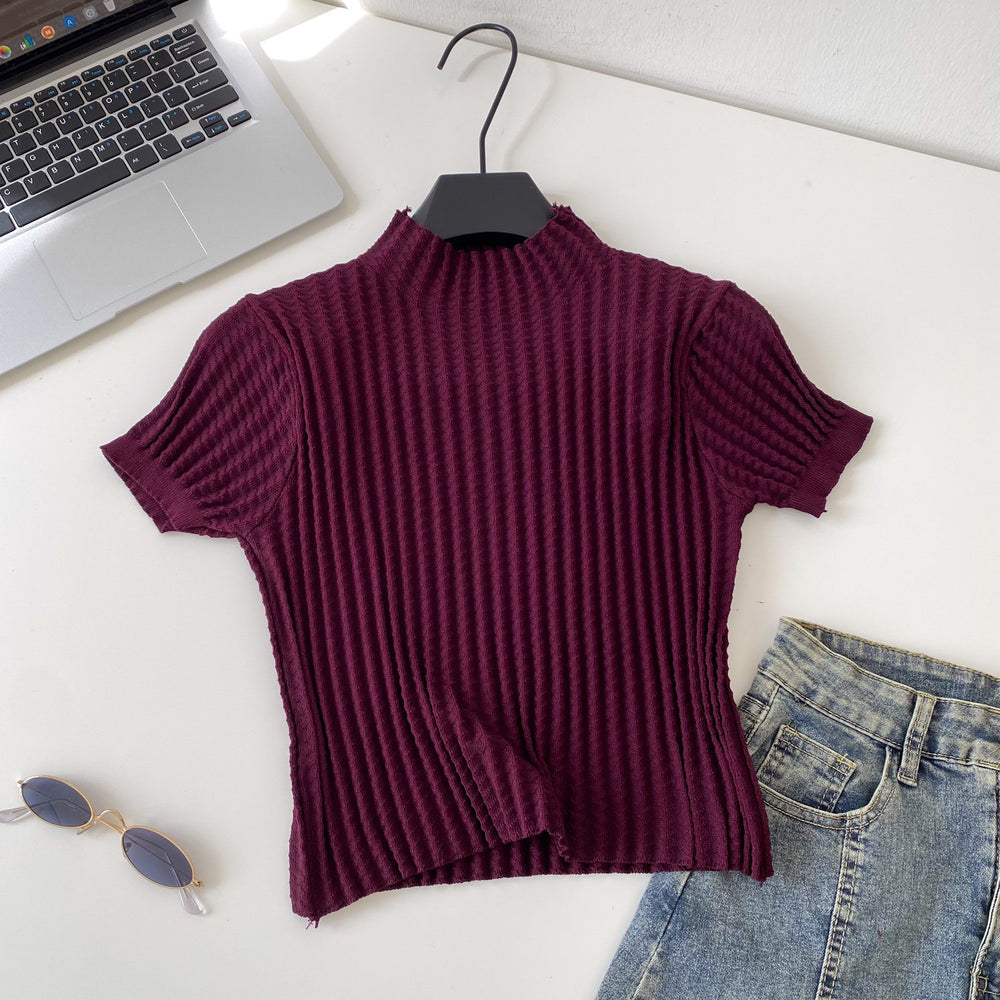 Retrowork clothing style half turtleneck knitting short-sleeved cardigan women's summer age-reducing silmslimming lookeasiest for matchsweatertops