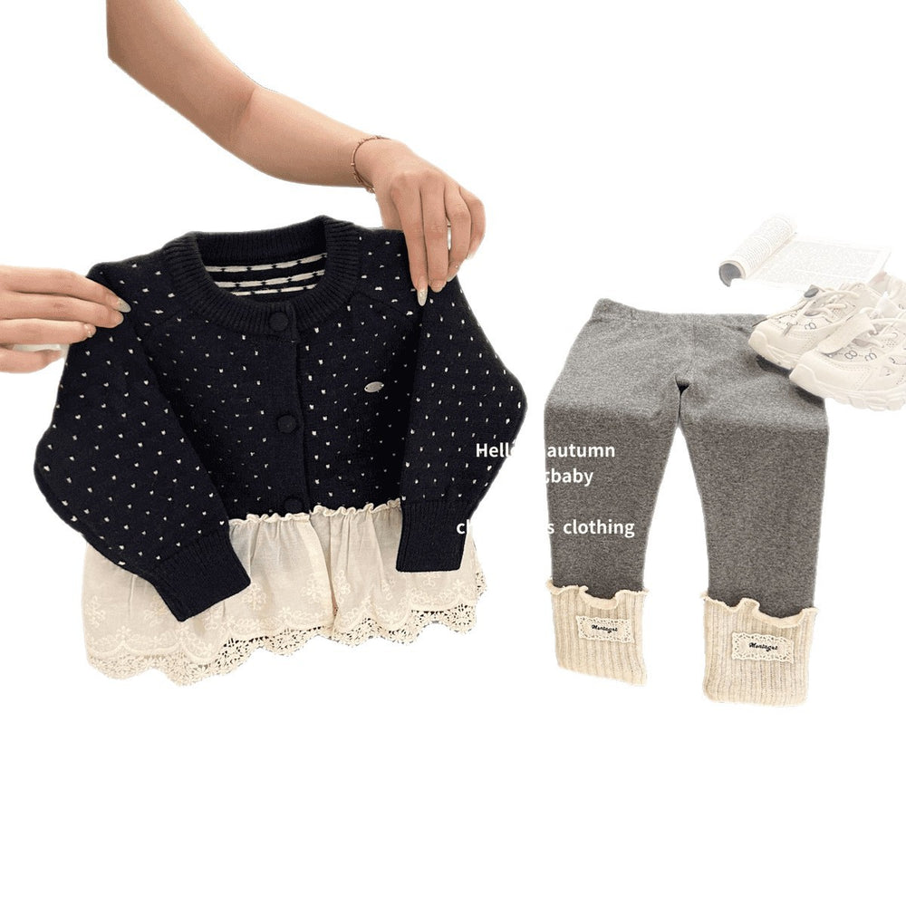 Girls' outfit:  autumn new lace trim sweater cardigan and scrunch socks two-piece set