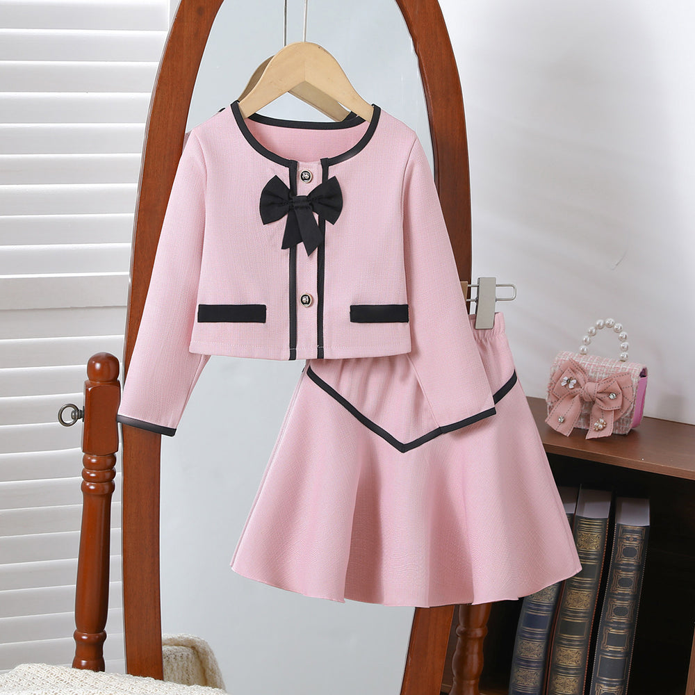 autumn/winter girls' chanel-inspired outfit: pink and white bow-trimmed round neck jacket and mini skirt two-piece set