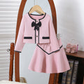 autumn/winter girls' chanel-inspired outfit: pink and white bow-trimmed round neck jacket and mini skirt two-piece set