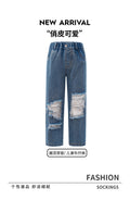 New arrivalkidsjeans cross-border children's clothing blue ripped pants distressed retrogirlpants medium and large children's straight-leg pants