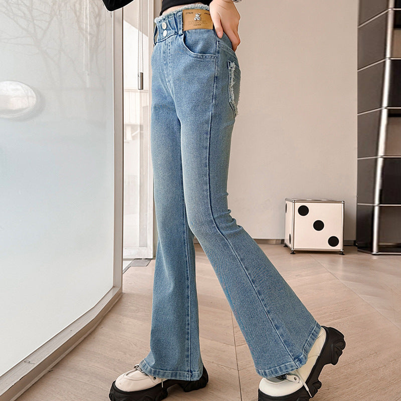 Custom girls' spring denim jeans - spring/autumn styles for mid-to-large children - girls' flare pants - trendy trousers - spring kids' pants