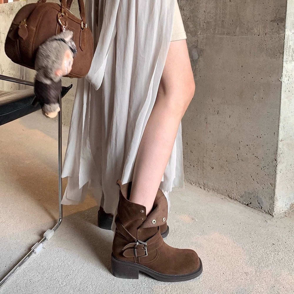Dui dui boots autumn winter short boots thick heel belt buckle two wear boots women's heightened thick sole pants knight boots