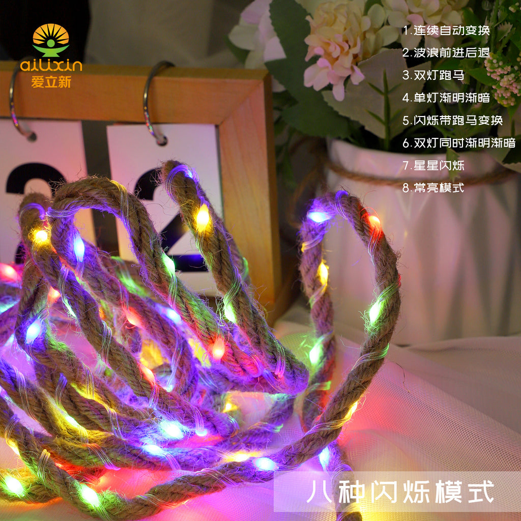 New LED Hemp Rope Light String Solar Camping Atmosphere Decoration Atmosphere Lights Battery Box Hemp Rope LED Light String
