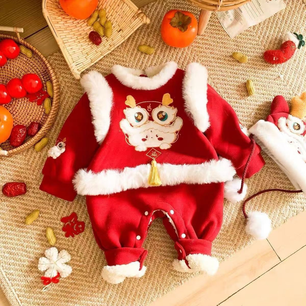 Newborn baby winter fleece-lined warm romper - unisex, festive first birthday & full month celebration, thickened crawling suit, trendy onesie