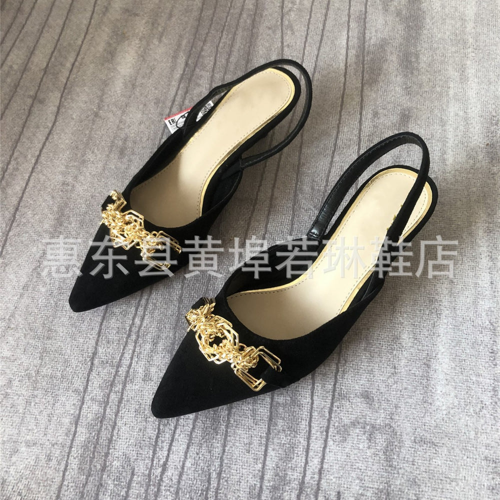 Z's new metallic buckle embellished suede pointed-toe stiletto sandals - stylish plus size women's black pumps