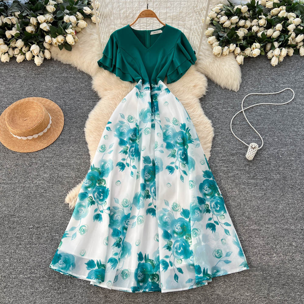French chic v-neck ruffle sleeve patchwork print dress - women's summer color block korean style fitted high-end maxi dress