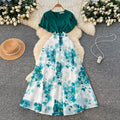 French chic v-neck ruffle sleeve patchwork print dress - women's summer color block korean style fitted high-end maxi dress
