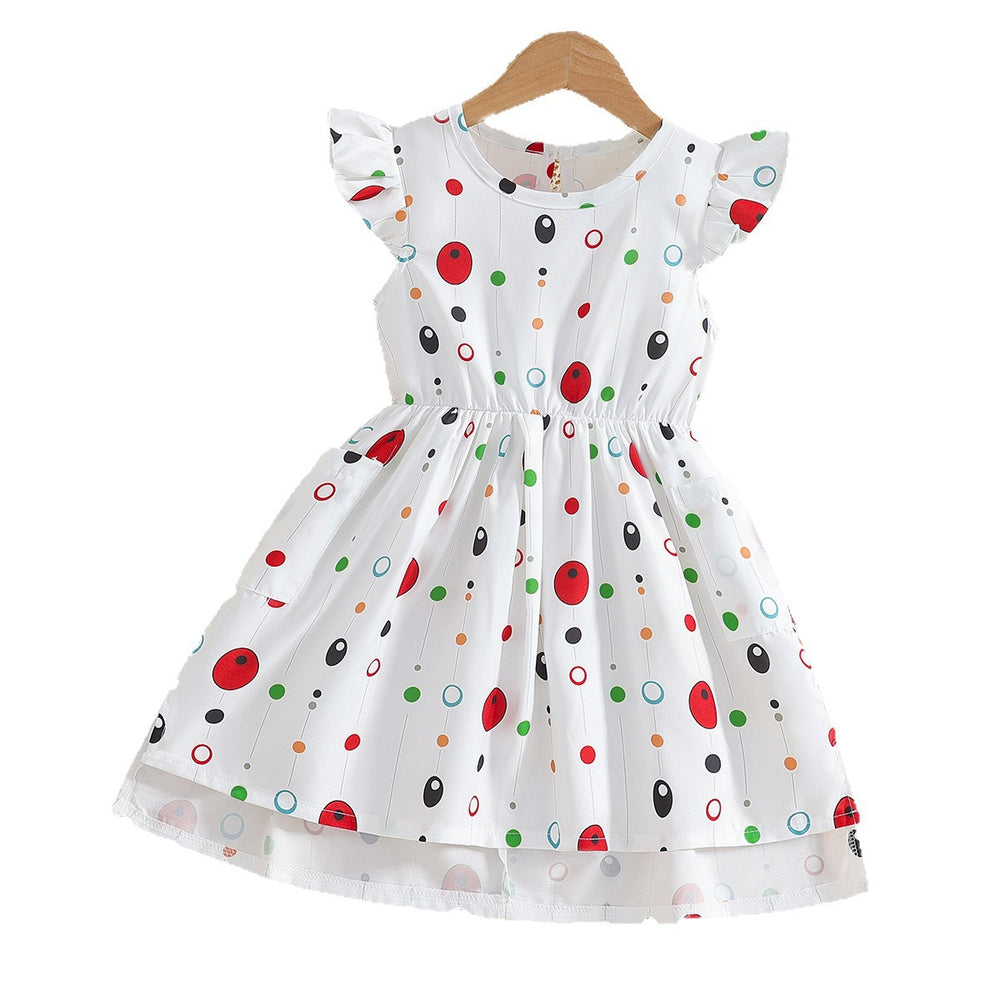 Girls' summer white flutter sleeve polka dot a-line dress - mid-to-large size, perfect for vacation, cross-border e-commerce, and kids' clothing