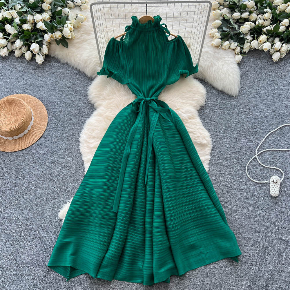 European and american style high-end short-sleeve dress for women - autumn off-the-shoulder ruffle stand collar tie-waist design - mature woman maxi dress