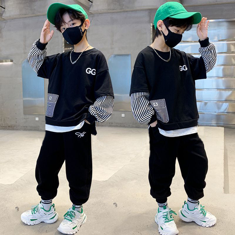 Kids' fall outfit: boys' hoodie set - spring/autumn  new arrival - faux two-piece, street style cool, big & tall kids' activewear