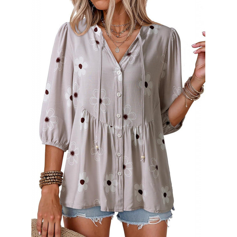 summer bohemian floral short sleeve button-down v-neck ruffle trim babydoll casual loose shirt