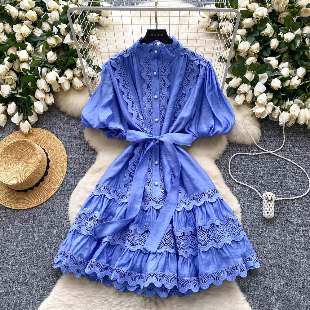 French retro court style chic lace patchwork tie-waist dress - lantern sleeves, slimming a-line skirt