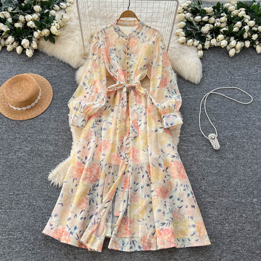 French chic elegant dress - women's autumn  collection: court style, tie-waist, slimming, single-breasted, printed maxi dress