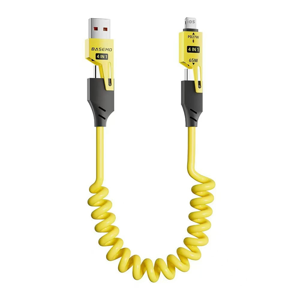 65w fast charging retractable coiled data cable, 2-in-1/4-in-1 car charger cable, compatible with apple and huawei fast charging