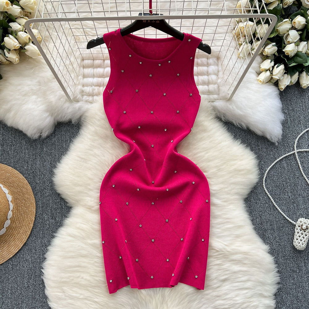 Accessible luxury diamond quiltedknittingdress women's elegant round neck silm short stretch wrap skirt sleeveless vest skirt