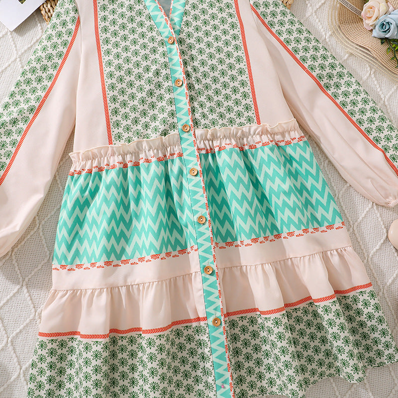 girls' dress  autumn  new arrival: pastoral style color block print long sleeve flared shirt dress