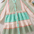 girls' dress  autumn  new arrival: pastoral style color block print long sleeve flared shirt dress