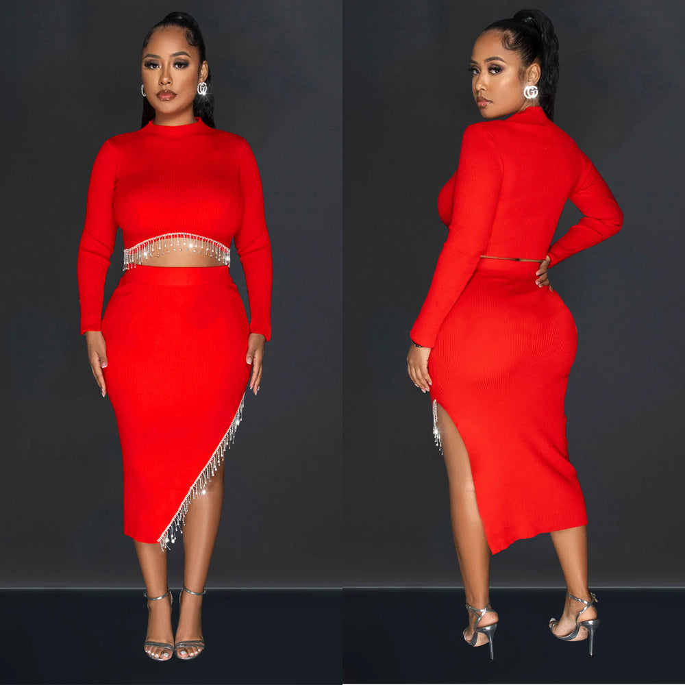 C6829 cross-border   fashion women's solid color long sleeve cropped two-piece dress set