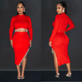 C6829 cross-border   fashion women's solid color long sleeve cropped two-piece dress set