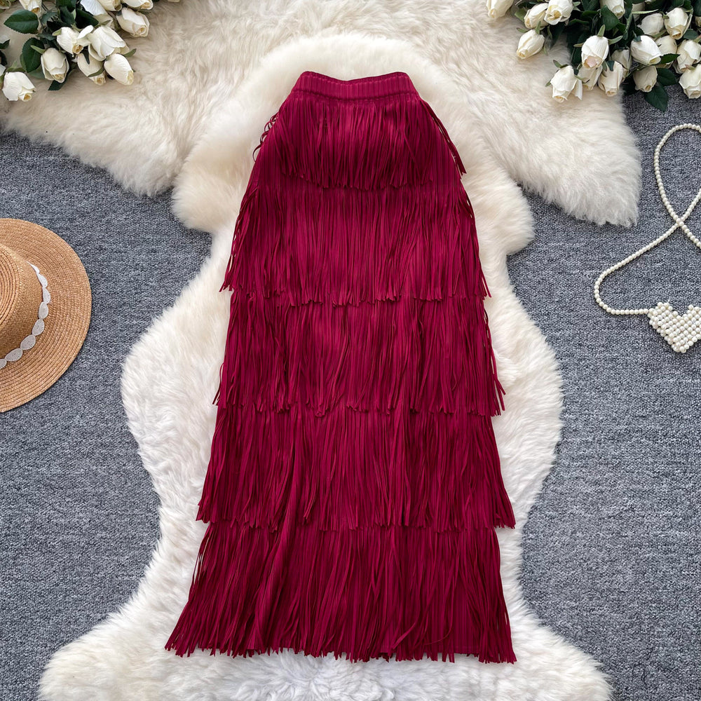 Retrocasual style tassel skirt women's high waist a-line skirt women's work clothingslimming look cake skirt niche style design classy sense