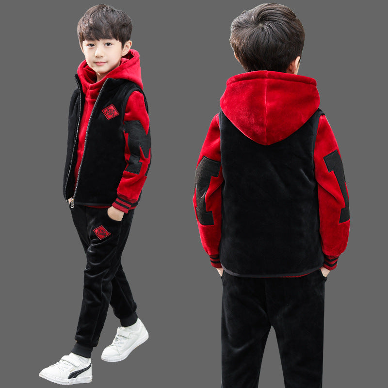 Boys' fleece-lined thickened autumn/winter outfit,  new style, mid-to-large children's clothing, boys' hoodie three-piece set, trendy style