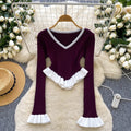 European and american style color block striped knit top - autumn ruffle hem flare sleeve slim fit outerwear base layer