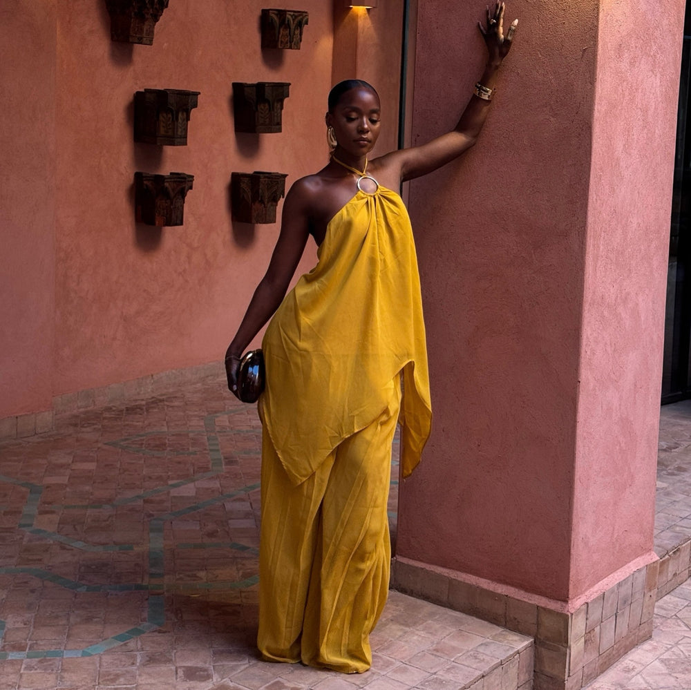 african women's fashion:  summer new collection - halter neck sleeveless irregular top & wide leg pants set