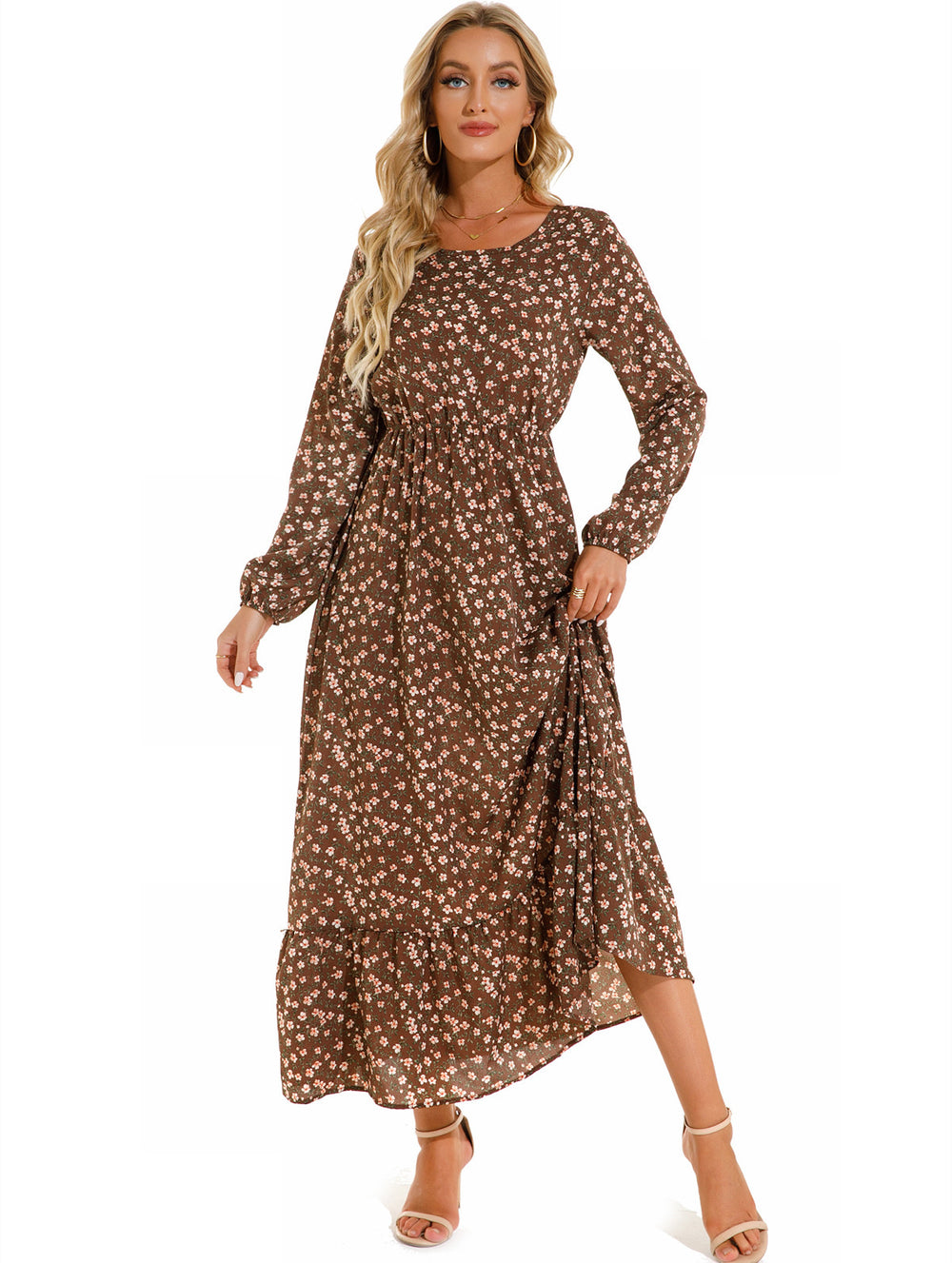 Shopee tk floral dress women's french round neck waist long light mature classysense slimming look cross-border early spring style