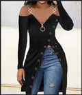 european and american spring/autumn women's fashion solid color off-the-shoulder v-neck long sleeve high slit ribbed zipper t-shirt