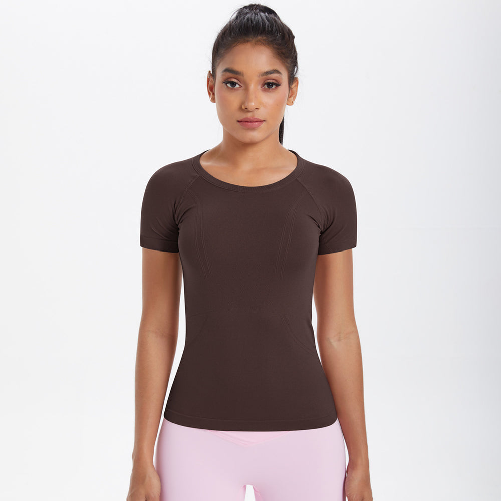 Spring/summer new one-piece knit short-sleeve crew neck sports t-shirt - running, fitness, slim-fit, breathable yoga top for women