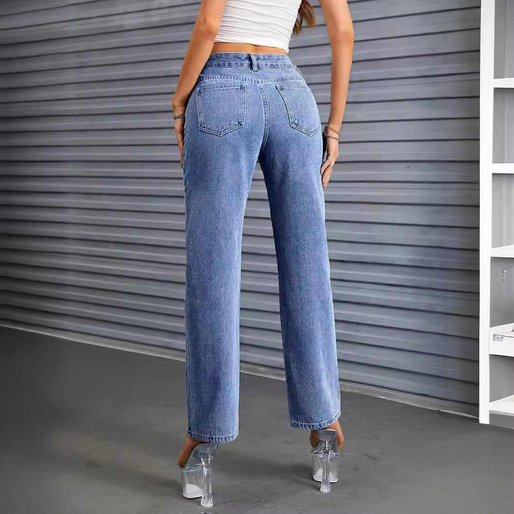 Women's black star denim jeans - new casual, edgy street style wide leg high waist washed jeans