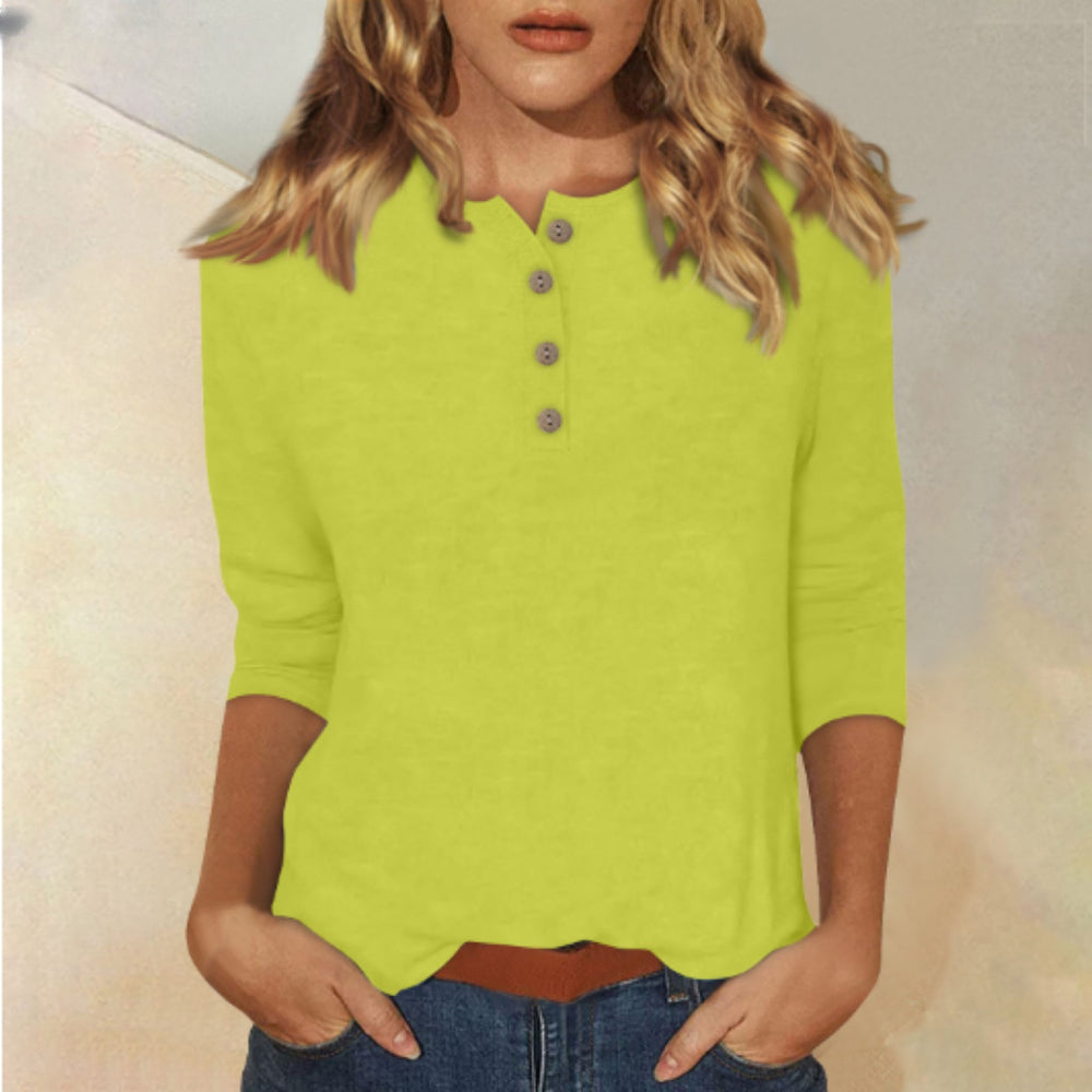 cross-border  women's fashion casual three-quarter sleeve solid color button-down crew neck t-shirt top