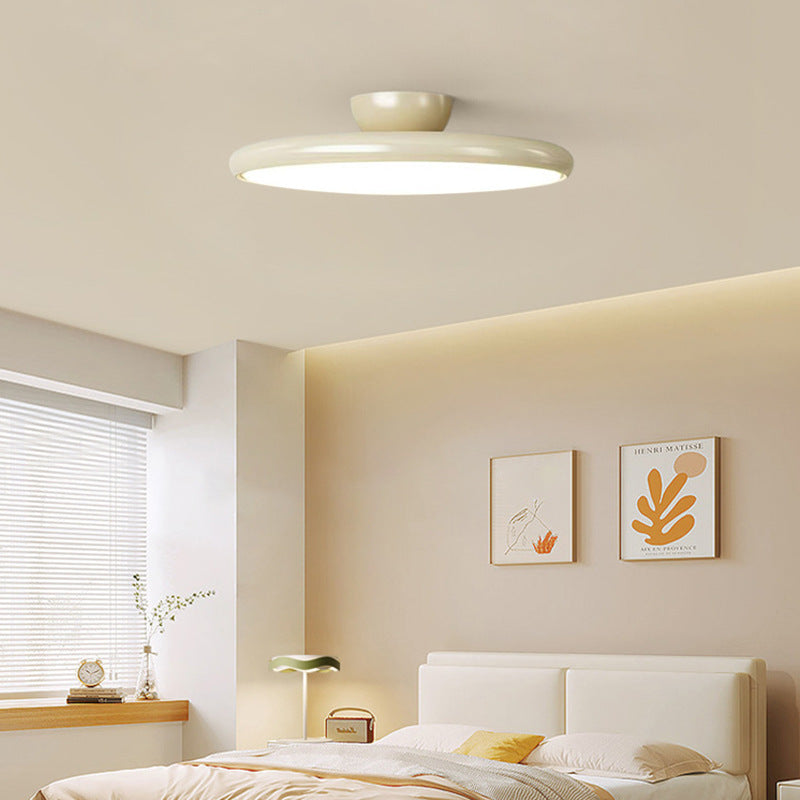 Raw wood style milky white double-layer round ceiling light with walnut wood base - ideal for condo apartments, b&bs, and kids' bedrooms