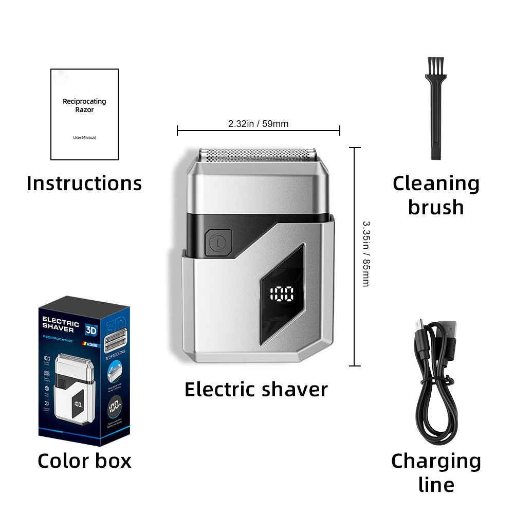 men's electric shaver - digital display, mini reciprocating, magnetic attachment, triple blade head, portable razor