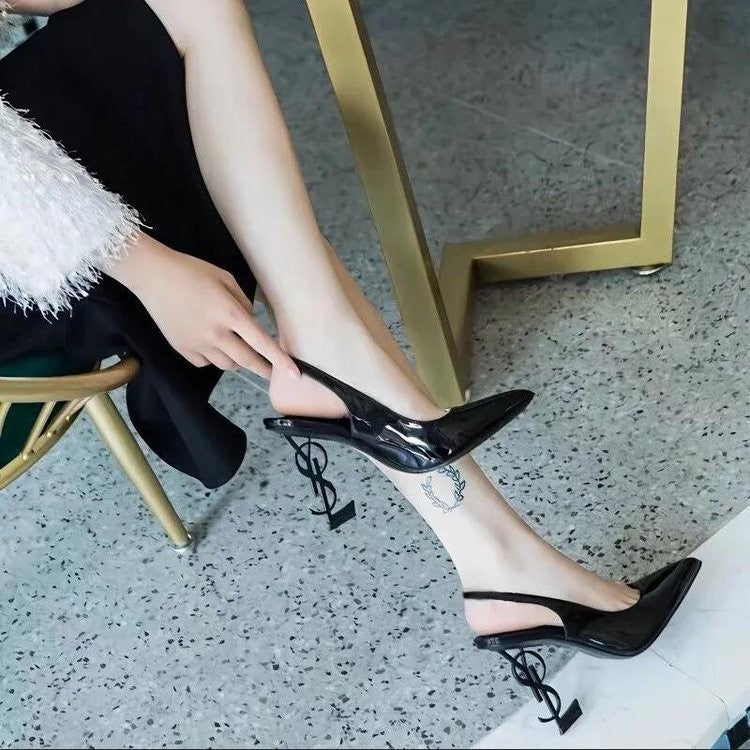 European and american closed-toe high heel sandals for women, summer 2026, letter heel, pointed toe, open back high heels