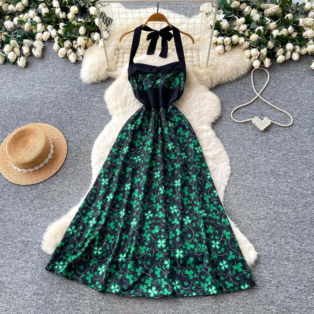 Retro style halterprintingbacklessdress women's summer sleeveless tie back high waistslimming lookelegant a-line skirt