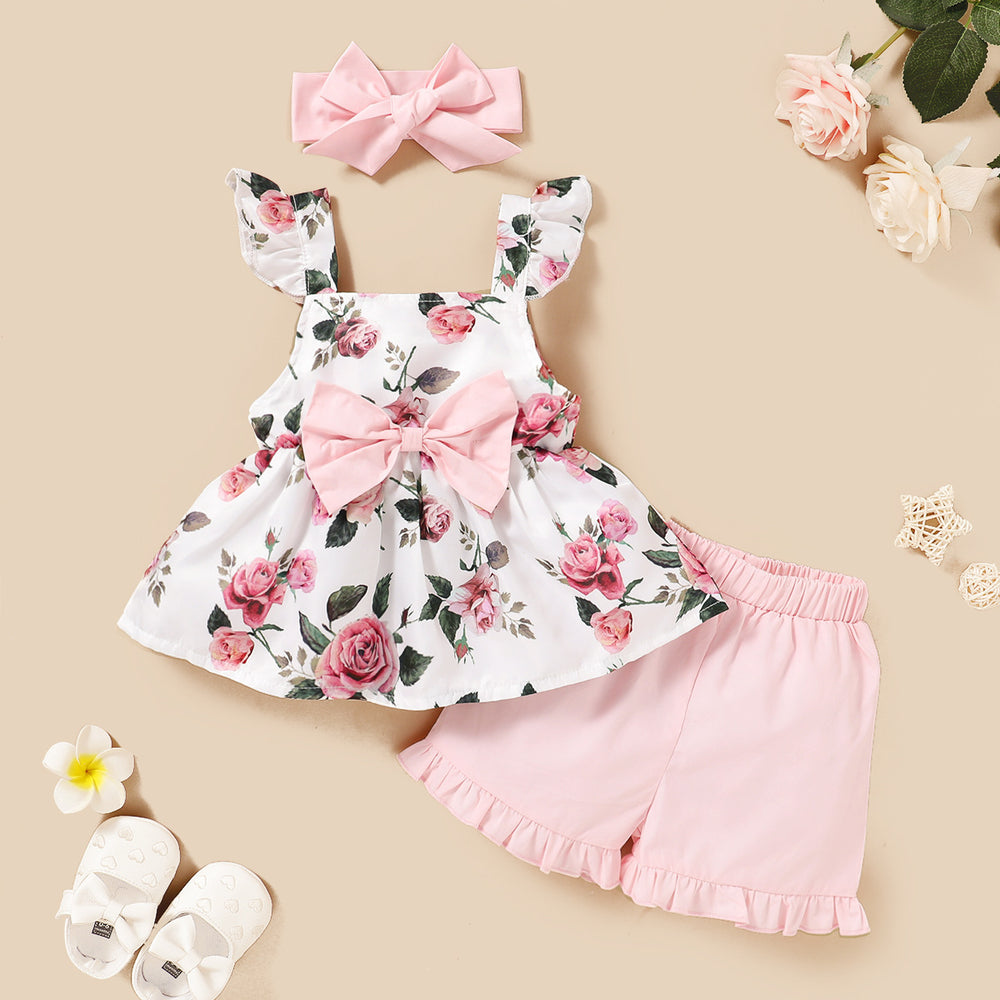 Baby girl summer outfit set: new european and american style, hot-selling sleeveless printed top + solid color lace-trimmed shorts with headband