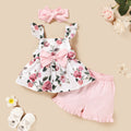Baby girl summer outfit set: new european and american style, hot-selling sleeveless printed top + solid color lace-trimmed shorts with headband